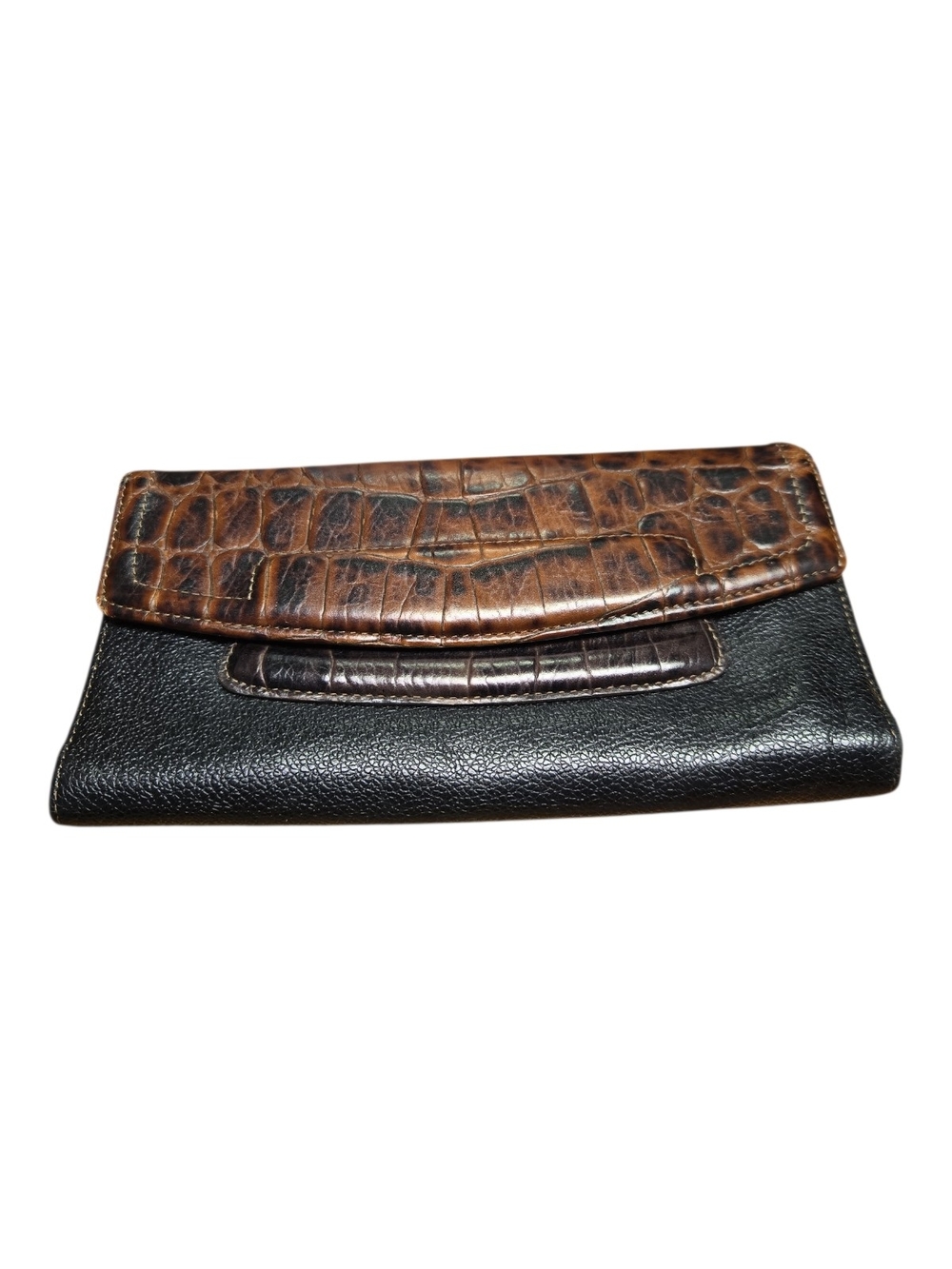 Brahmin Black Leather Wallet with Brown Croc-Texture Flap